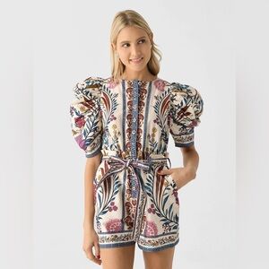 FARM Rio Belted Romper ROMANTIC LIGHTNESS CREAM AND BLUE TONES
